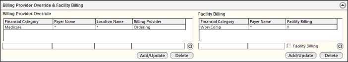 Billing Provider Override & Facility Billing panel