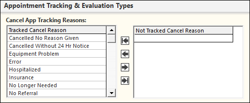 Cancel App Tracking Reasons grids on the Appointment Tracking & Evaluation Types Panel