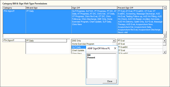 Category Bill & Sign Visit Type Permissions grid with an item selected in the Sign Off column and the picklist options