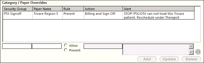 Category/Payer Overrides grid in the Security Groups and Sign Off section of the System Config template
