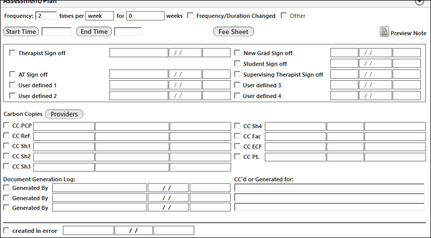 Fields in the bottom section of the Chiro Single Visit template