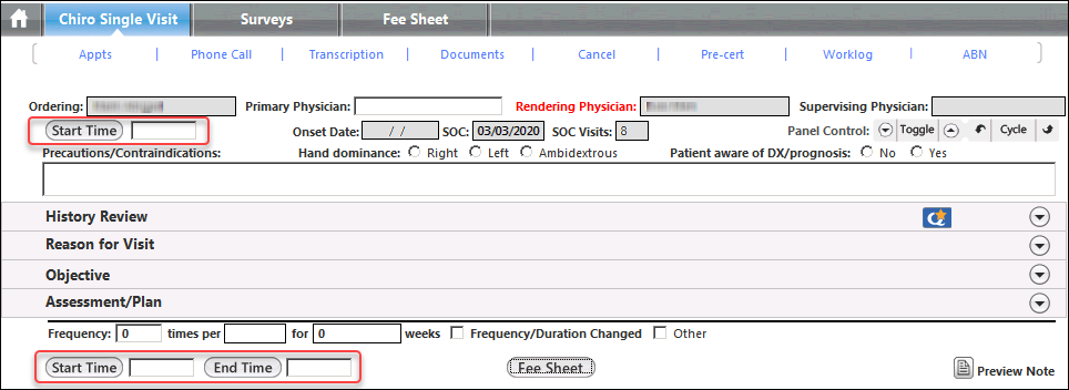 Start Time and End Time fields on the Chiro Single Visit template