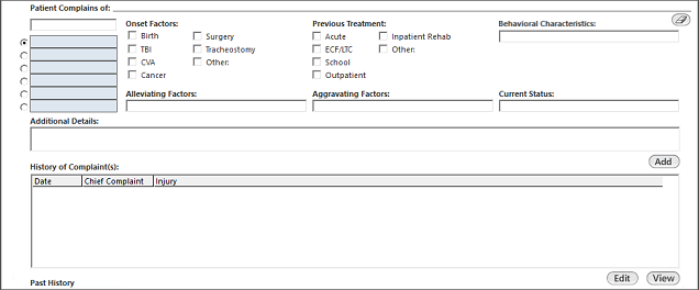 Patient chief complaint fields on the Speech Subjective panel