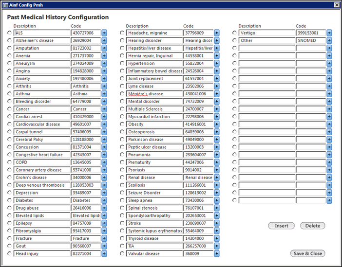 Past Medical History Configuration template