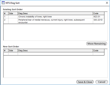 NTS Diag Sort template displaying existing diagnoses sort order