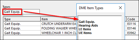 DME Item Types picklist