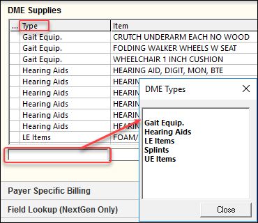 DME Types picklist opened from DME Supplies panel