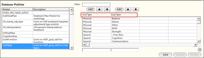 Database Picklists section with value sets