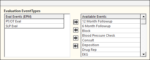 Evaluation Event Types grids on the Appointment Tracking & Evaluation Types Panel