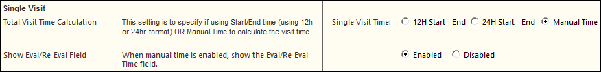 Single Visit section of the Practice Config template showing Show Eval/Re-Eval Field settings