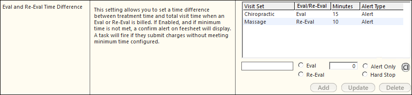 Eval and Re-Eval Time Difference settings in the Fee Sheet section of the Practice Config template