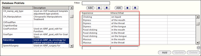 Picklist value sets example in the Database Picklists section