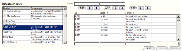 Picklist value sets example in the Database Picklists section