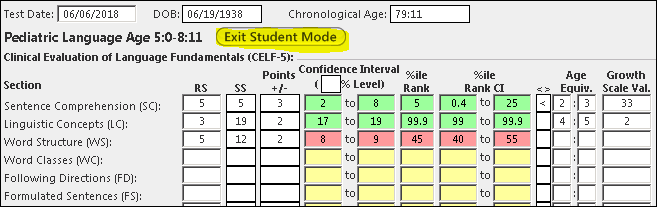 Exit Student Mode button on the Peds Lang exam
