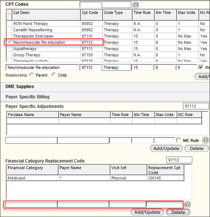 CPT Codes panel and Payer Specific Billing panel