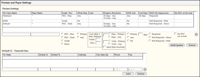 Finclass and Payer Settings panel of the System Config template