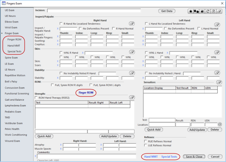 Finger Exam template with extra tests
