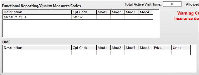 Functional Reporting/Quality Measure Codes grid and DME grid