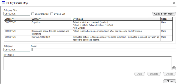 INF My Phrases Mng template