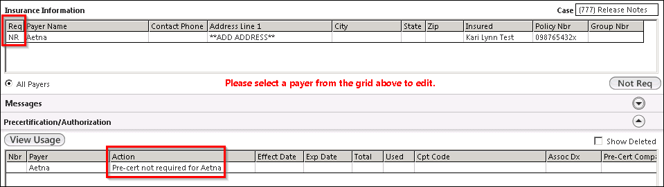 Req column on the Insurance Information grid and Action column in the Precertification/Authorization grid