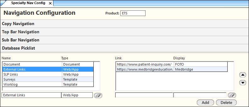 External Links setup in the Specialty Nav Config template