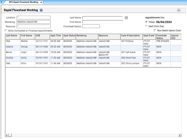 NTS Rapid Flowsheet Worklog template lists appointments based on the selected filters