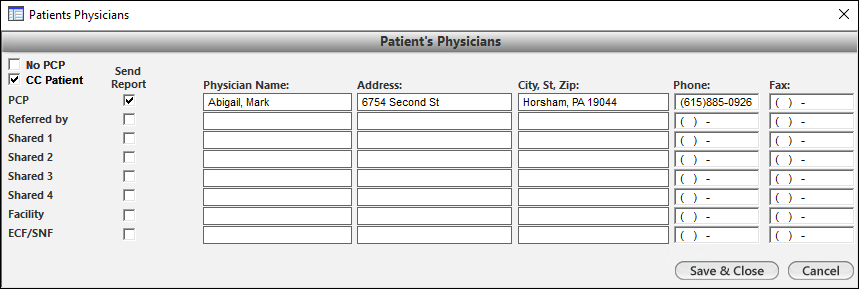 Patients Physicians window with CC Patient setting