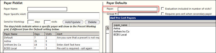 Ainf Pre Cert Payers picklist list matches Payer Name column in grid