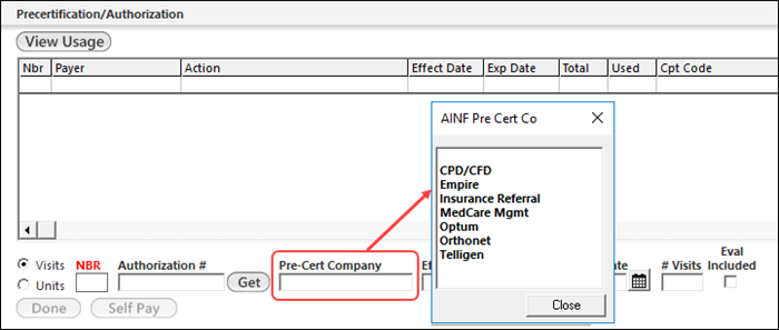 Picklist for the Pre-Cert Company field