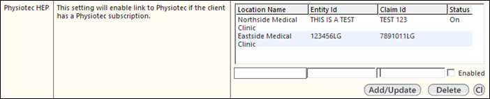 Physiotec HEP settings in the Single Visit section of the Practice Config template