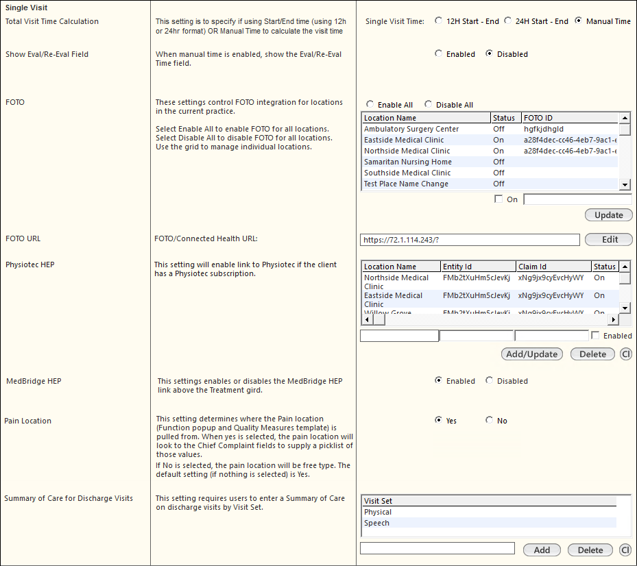 Single Visit section of the Practice Config template