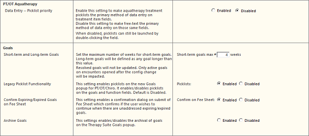 PT/OT Aquatherapy and Goals sections of the Practice Config template