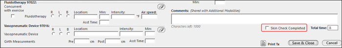 Skin Check Completed checkbox highlighted on Modalities template