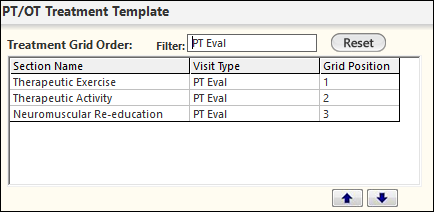 Treatment Grid Order settings on the PT/OT Treatment Template Panel of the System Config template