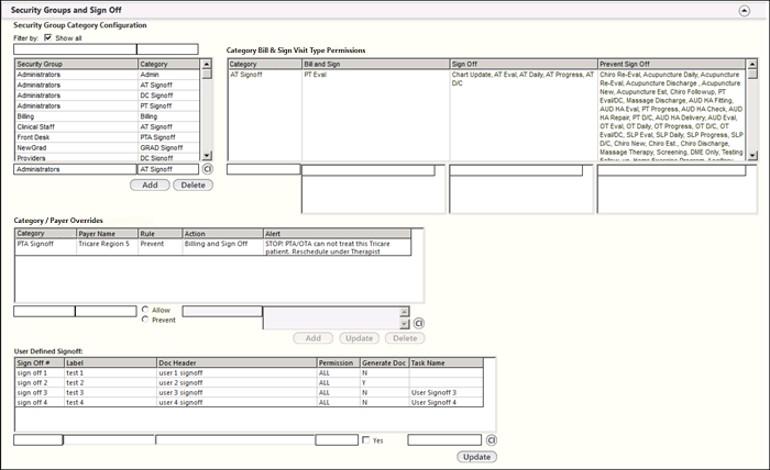Security Groups and Sign Off panel of the System Config template