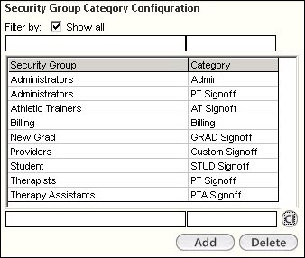 Security Group Category Configuration grid in the Security Groups and Sign Off section of the System Config template