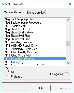 Medical Records tab on the Select Template window