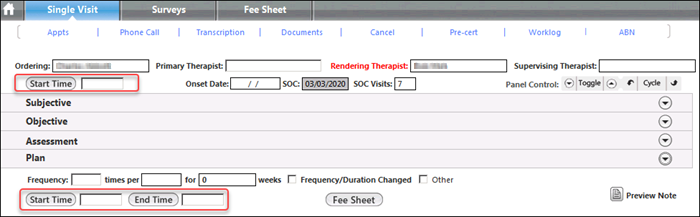Start Time and End Time fields on the Single Visit template