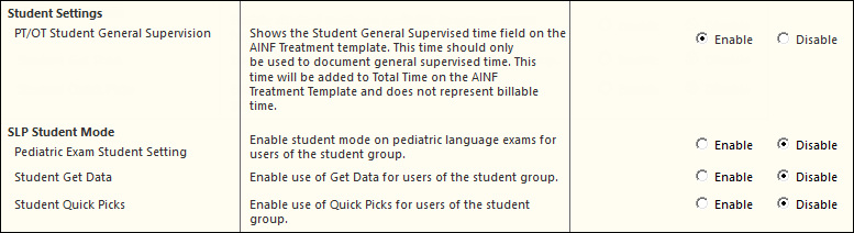 Student Settings and SLP Student Mode sections of the Practice Config template