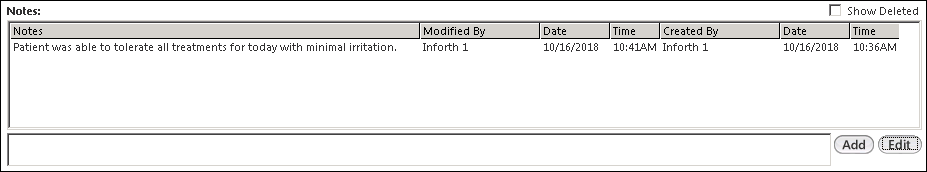 Notes grid in the Objective panel of the Speech Single Visit template