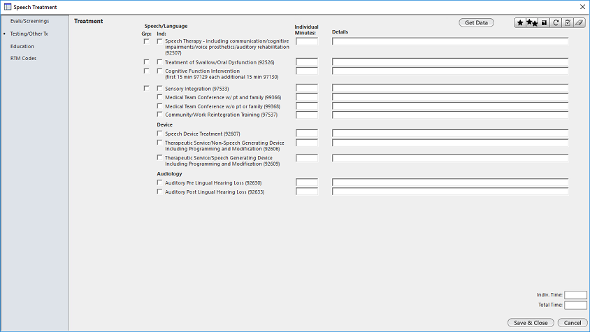 Treatment options in the Speech Treatment template
