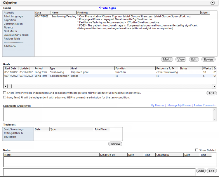 Objective panel for the Speech Single Visit template
