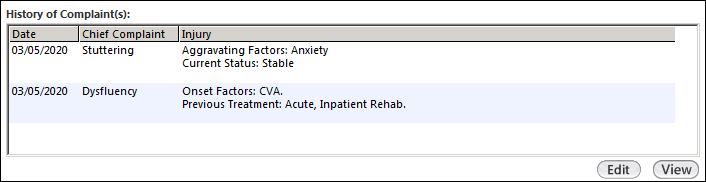 Injury details listed in the History of Complaint(s) grid