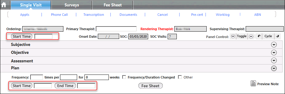 Start Time and End Time fields on the Single Visit template