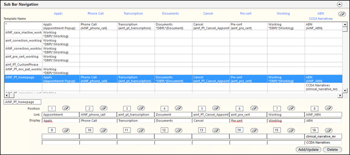 Sub Bar Navigation grid displays links and the templates the links open