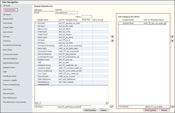 Selecting a Sub-Category template on the Side Navigation panel