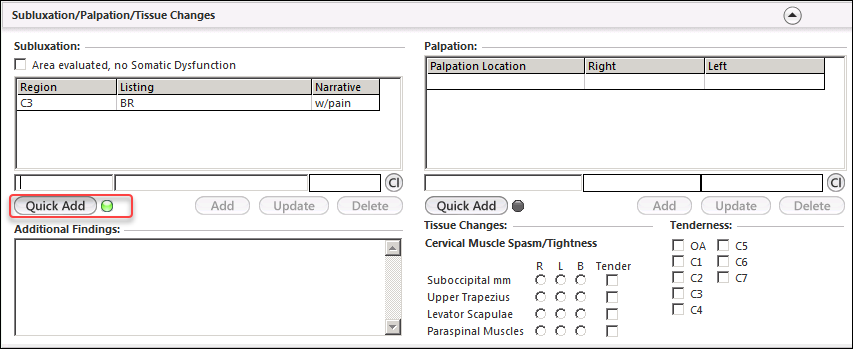 Subluxation/Palpation/Tissue Changes panel
