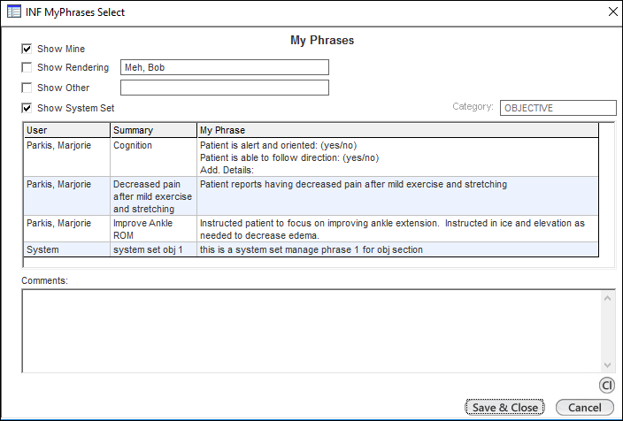 INF MyPhrases Select template