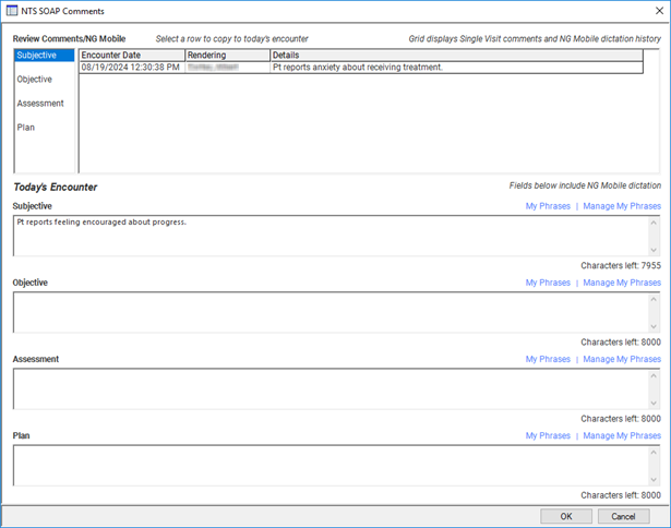 The NTS SOAP Comments template displays "NG Mobile" notation. Previous comments appear in the grid and current comments appear in the comment fields.