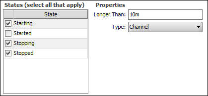 Image showing an alert that triggers if the channel is in the Starting, Stopping, or Stopped states for longer than 10 minutes.